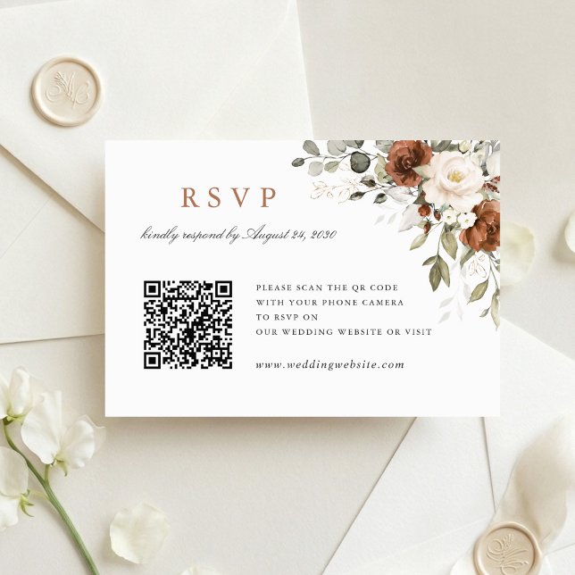 Floral Rust Greenery Wedding QR Code RSVP Card (Creator Uploaded)