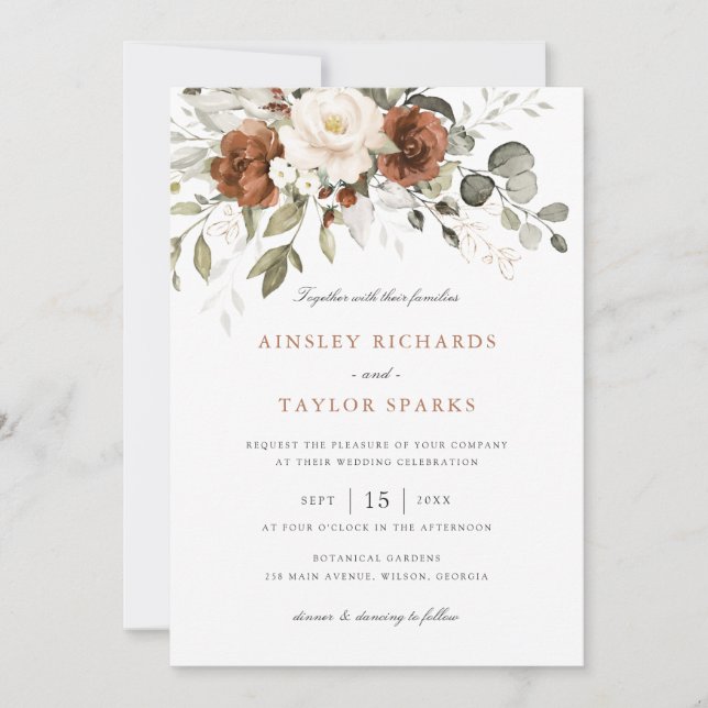 Floral Rust Ivory Cream Greenery Fall Wedding Invitation (Front)