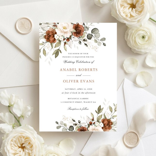 Floral Rust Ivory White Greenery Wedding Invitation (Creator Uploaded)