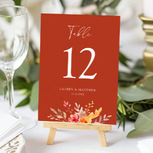Floral Rust Orange Elegant Wildflower Fall Wedding Table Number