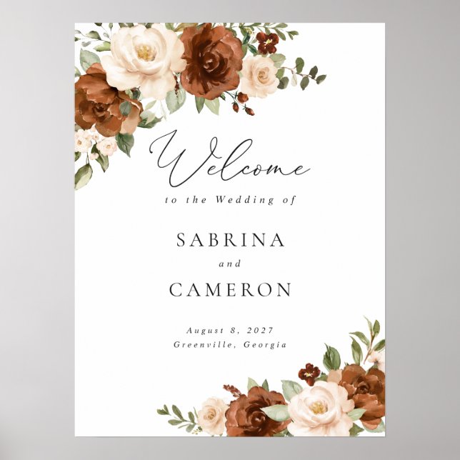 Floral Rust Peach Greenery Wedding Welcome Sign (Front)