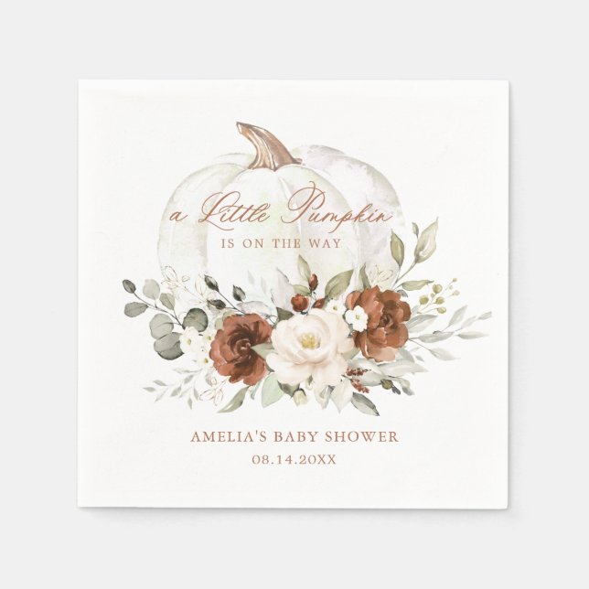 Floral Rust Pumpkin Fall Baby Shower Napkins (Front)