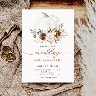 Floral Rust Pumpkin Fall Greenery Wedding Invitation