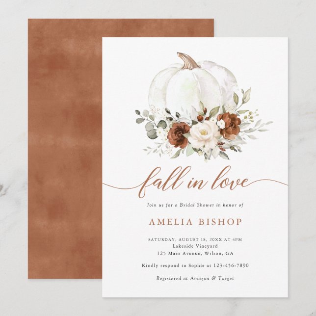 Floral Rust Pumpkin Fall in Love Bridal Shower Invitation (Front/Back)