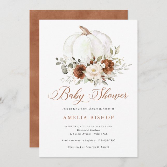 Floral Rust Pumpkin Greenery Fall Baby Shower Invitation (Front/Back)