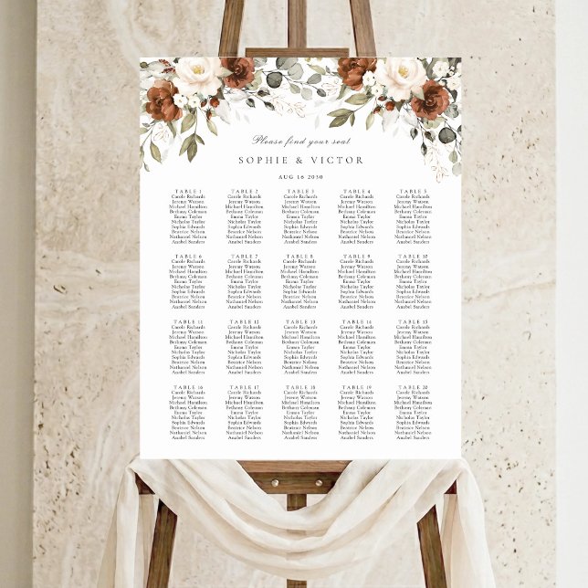 Floral Rust White 20 Table Wedding Seating Chart (Creator Uploaded)