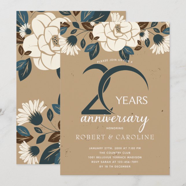 Floral Rustic 20th Wedding Anniversary Invitation (Front/Back)