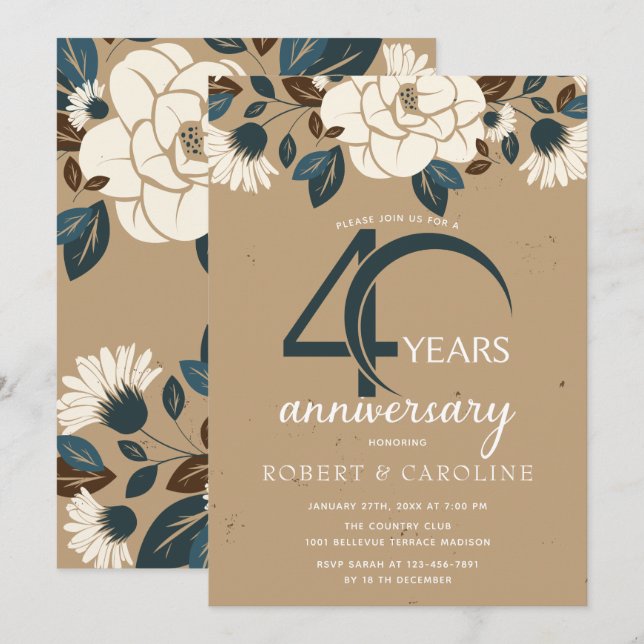 Floral Rustic 40th Wedding Anniversary Invitation (Front/Back)