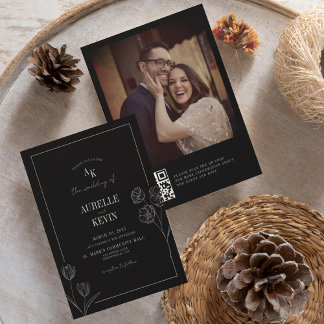 Floral Rustic Black Elegant Photo Back QR Wedding Invitation
