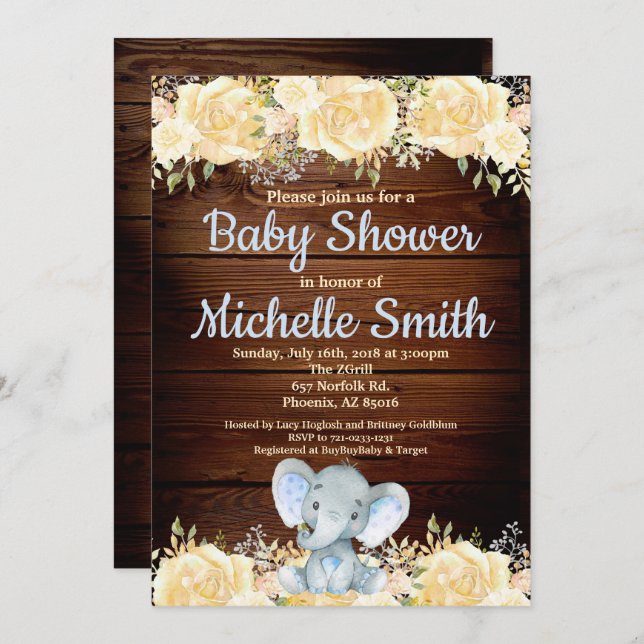 Floral Rustic Blue Boy Wood Elephant Baby Shower Invitation (Front/Back)