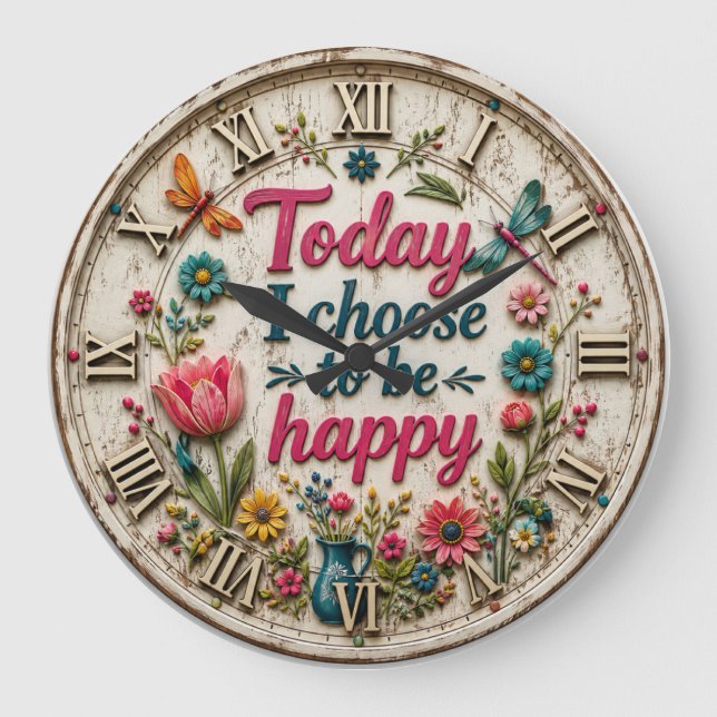 Floral Rustic Botanical Dragonfly Farmhouse Large Clock (Front)