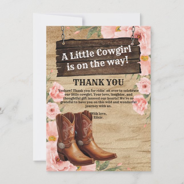 Floral Rustic Cowgirl Boots Flat Thank You Card (Front)