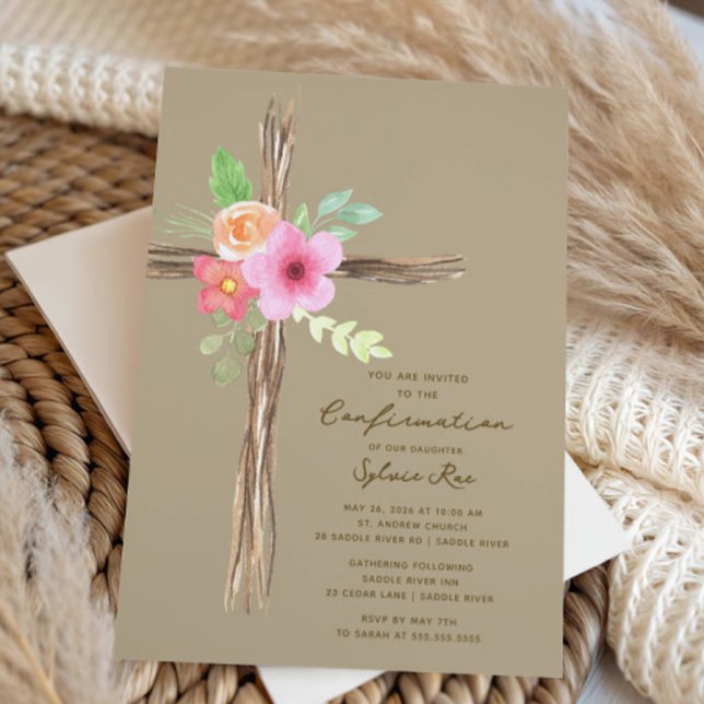 Floral Rustic Cross Confirmation Invitation (Creator Uploaded)