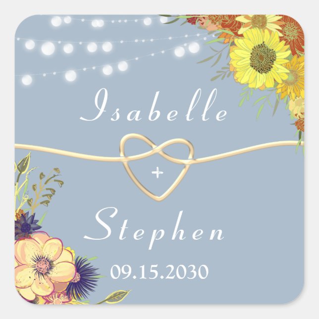 Floral Rustic Dusty Blue Wedding Favour Square Sticker (Front)