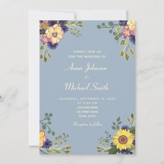Floral Rustic Dusty Blue Wedding Invitation (Front)