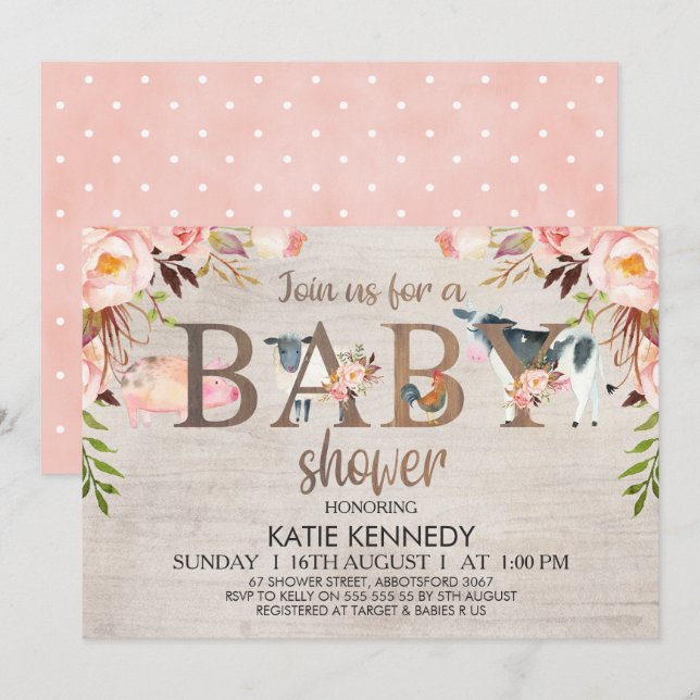 Floral Rustic Farm Animals Baby Shower Invitation (Front/Back)