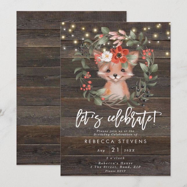 floral rustic fox let's celebrate birthday invitation (Front/Back)