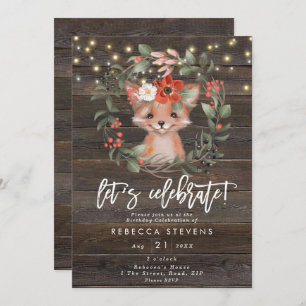 floral rustic fox let's celebrate birthday invitation