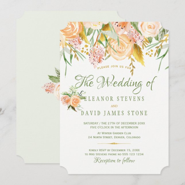Floral rustic garland gold sage elegant wedding invitation (Front/Back)