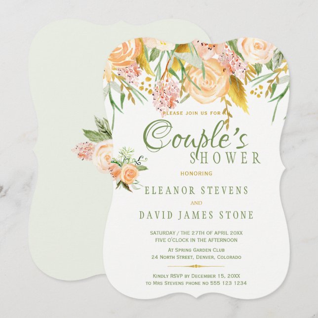 Floral rustic gold sage elegant couples shower invitation (Front/Back)