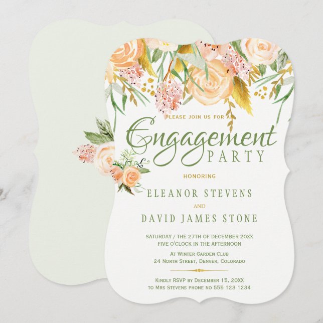 Floral rustic gold sage elegant engagement party invitation (Front/Back)