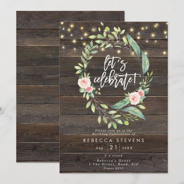 floral rustic lights let's celebrate birthday invitation (Front/Back)
