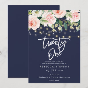 floral rustic lights navy 21st birthday invitation