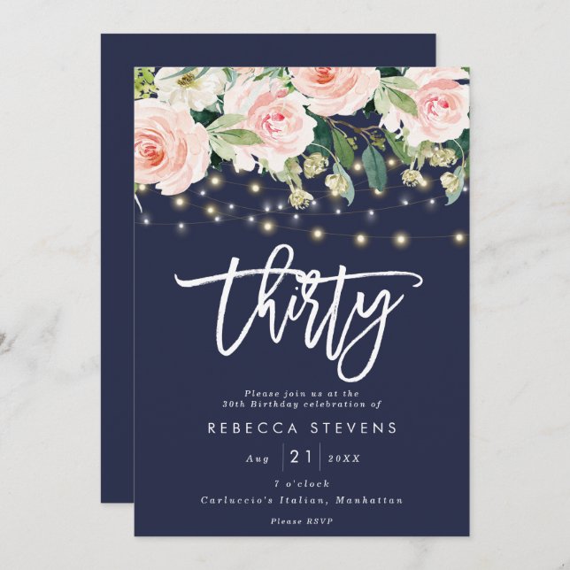 floral rustic lights navy 30th birthday invitation (Front/Back)
