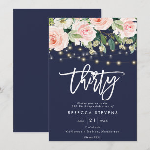 floral rustic lights navy 30th birthday invitation