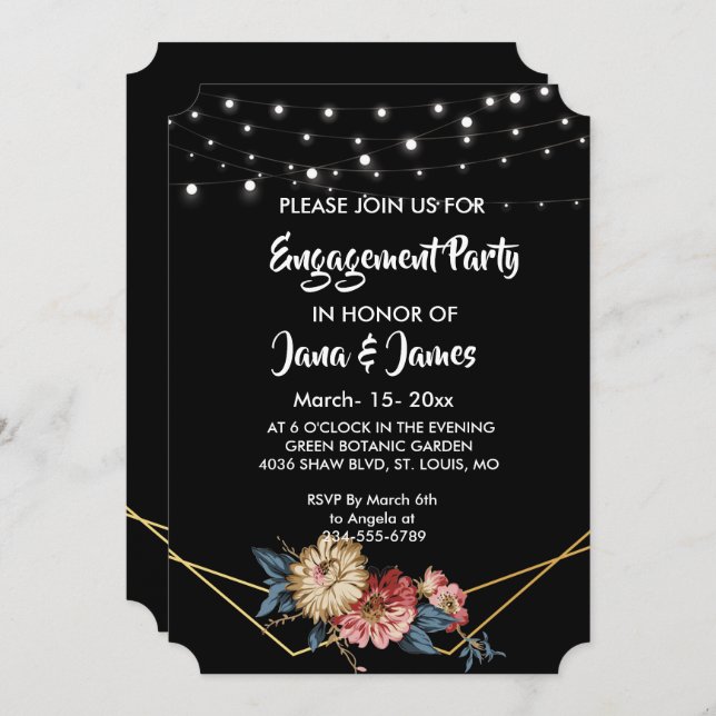 Floral Rustic Magnolia String Lights Engagement Invitation (Front/Back)