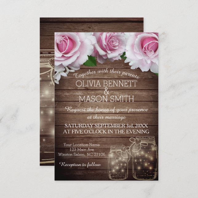 Floral Rustic Mason Jar Lights Wedding Invitation (Front/Back)