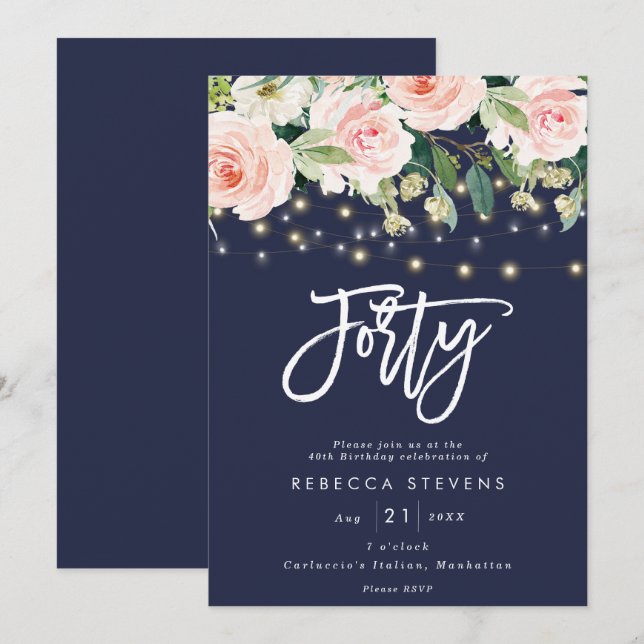 floral rustic navy 40th birthday invitation (Front/Back)