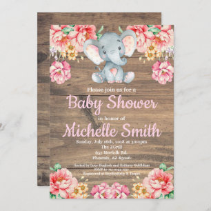 Floral Rustic Pink Girl Wood Elephant Baby Shower Invitation
