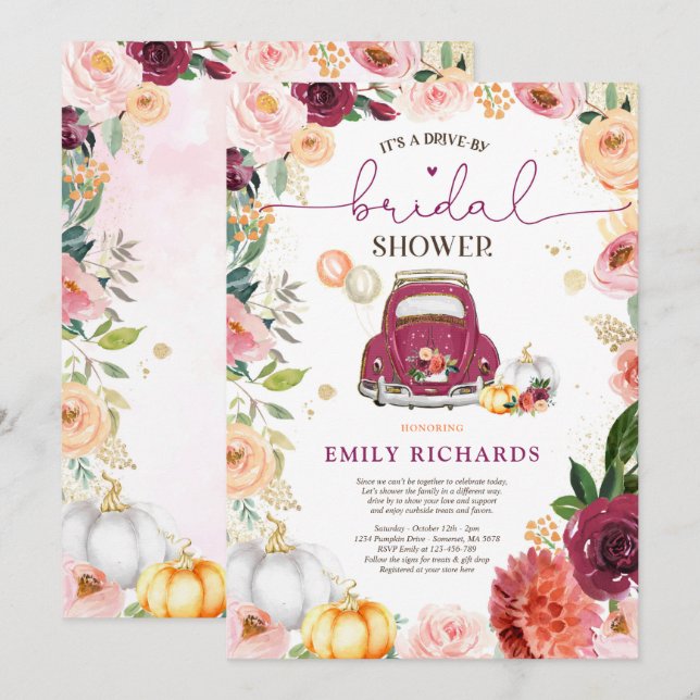 Floral Rustic Pumpkin Drive By Bridal Shower Invitation (Front/Back)