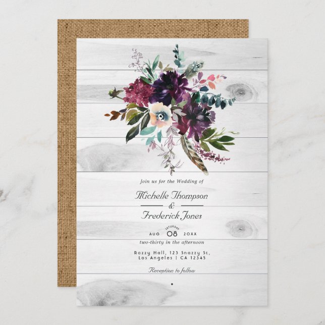 Floral Rustic QR Code RSVP Bohemian Wedding Invitation (Front/Back)