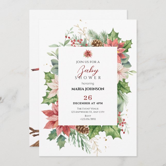 Floral Rustic Red and green baby shower Invitation (Front/Back)