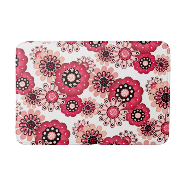 Floral rustic retro red and white bath mat (Front)