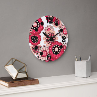 Floral rustic retro red and white large clock
