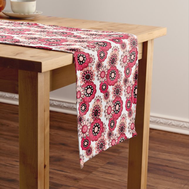 Floral rustic retro red and white medium table runner (In Situ)