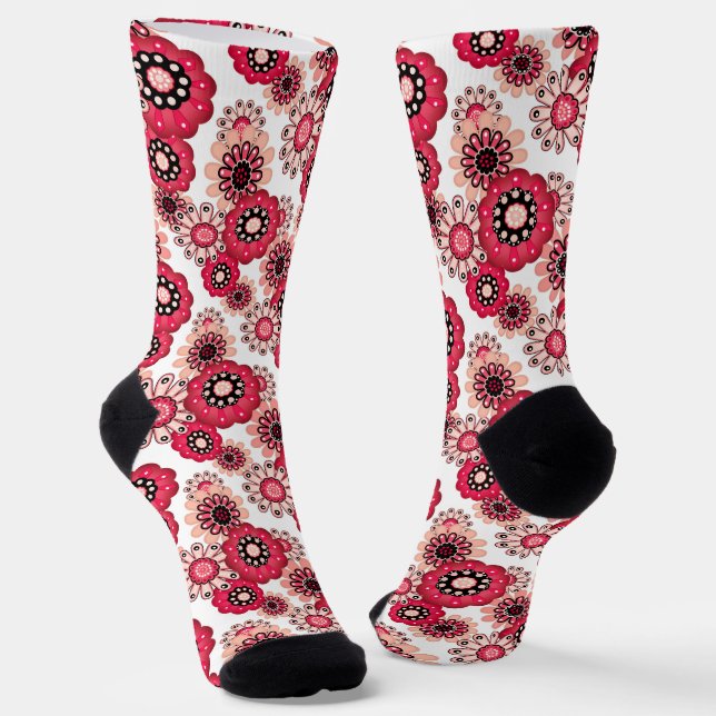Floral rustic retro red and white socks (Angled)