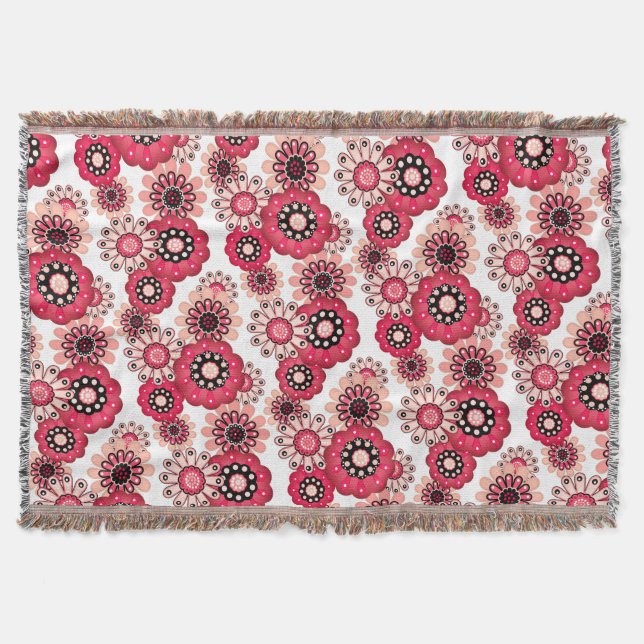 Floral rustic retro red and white throw blanket (Front)