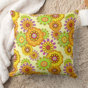 Floral rustic retro yellow and green cushion