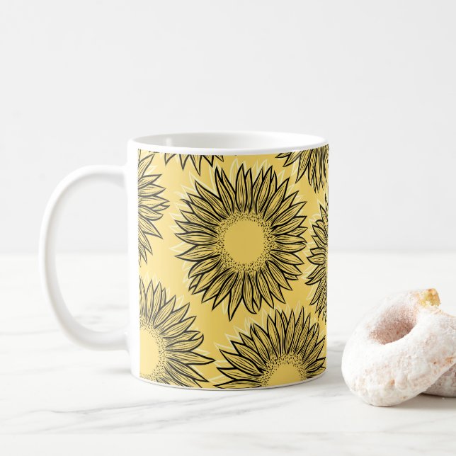Floral Rustic Sunflower Hand Drawn Coffee Mug (With Donut)