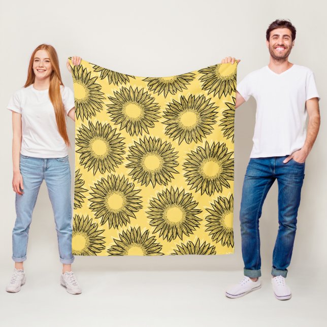 Floral Rustic Sunflower Hand Drawn Fleece Blanket (In Situ)