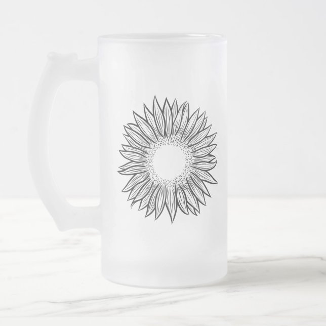 Floral Rustic Sunflower Hand Drawn Frosted Glass Beer Mug (Left)