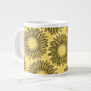 Floral Rustic Sunflower Hand Drawn Large Coffee Mug