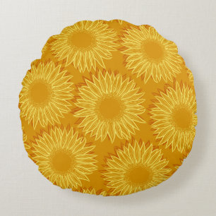 Floral Rustic Sunflower Light Hand Drawn Round Cushion