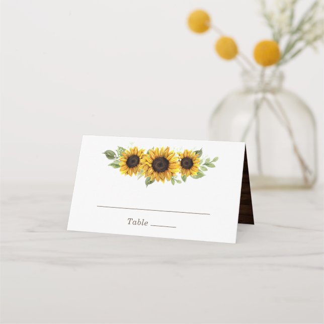 Floral Rustic Sunflower Wood Greenery Romantic Place Card (Front)