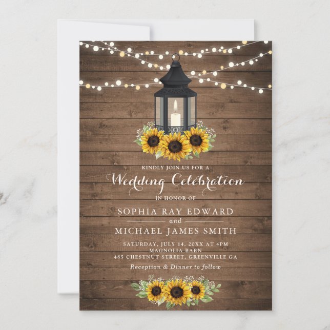 Floral Rustic Sunflower Wood Lantern String Lights Invitation (Front)
