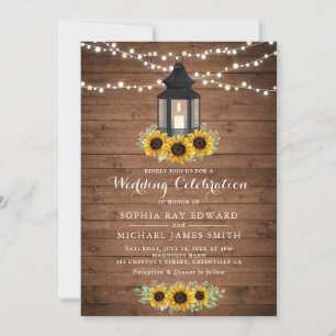 Floral Rustic Sunflower Wood Lantern String Lights Invitation